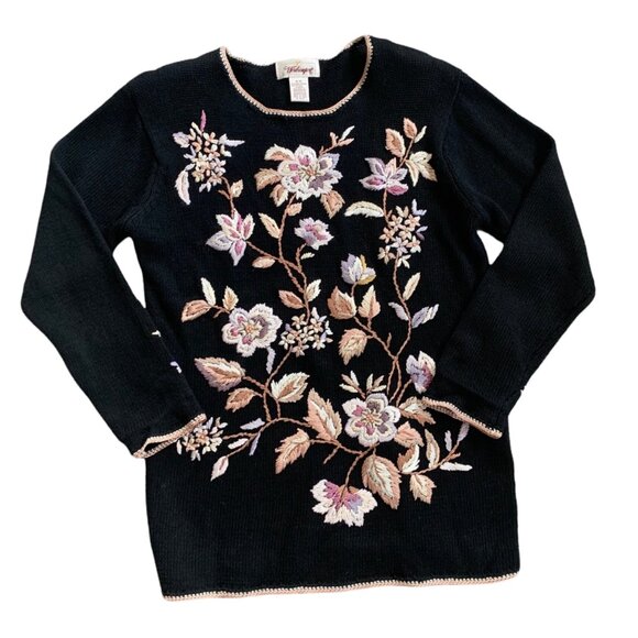 Vintage Worthington Floral Embroidered Beaded Accent Sweater M - Picture 2 of 9